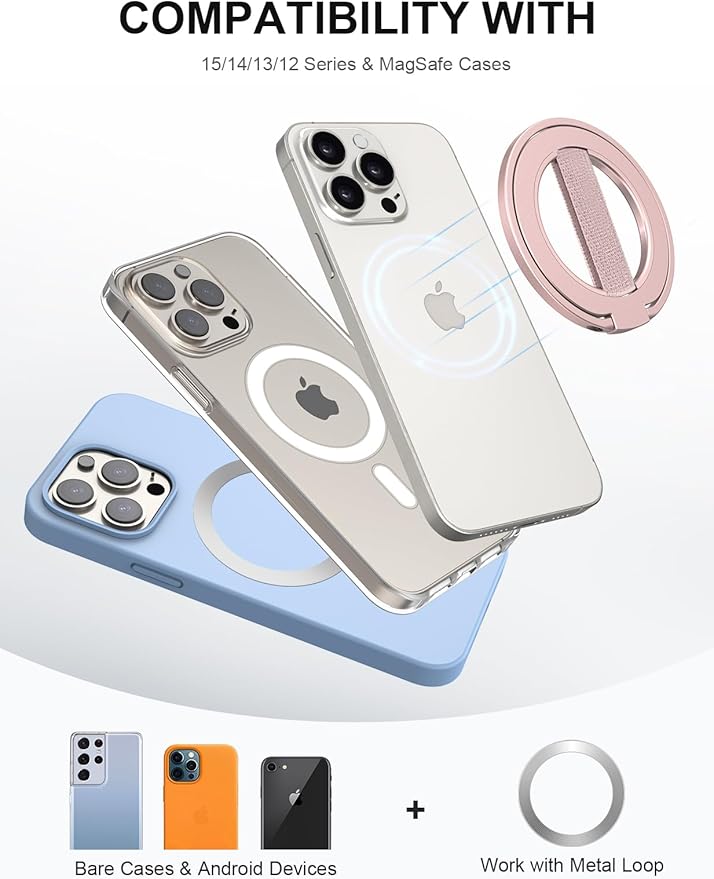 EWA MagOne Ultra Phone Grip Stand with Replaceable Elastic Finger Loop, Removable Magnetic Ring Holder Kickstand Loop, Double-Sided Magnetic Accessories for iPhone 16, 15, 14, 13 Pro/Max/Plus-Roseglod