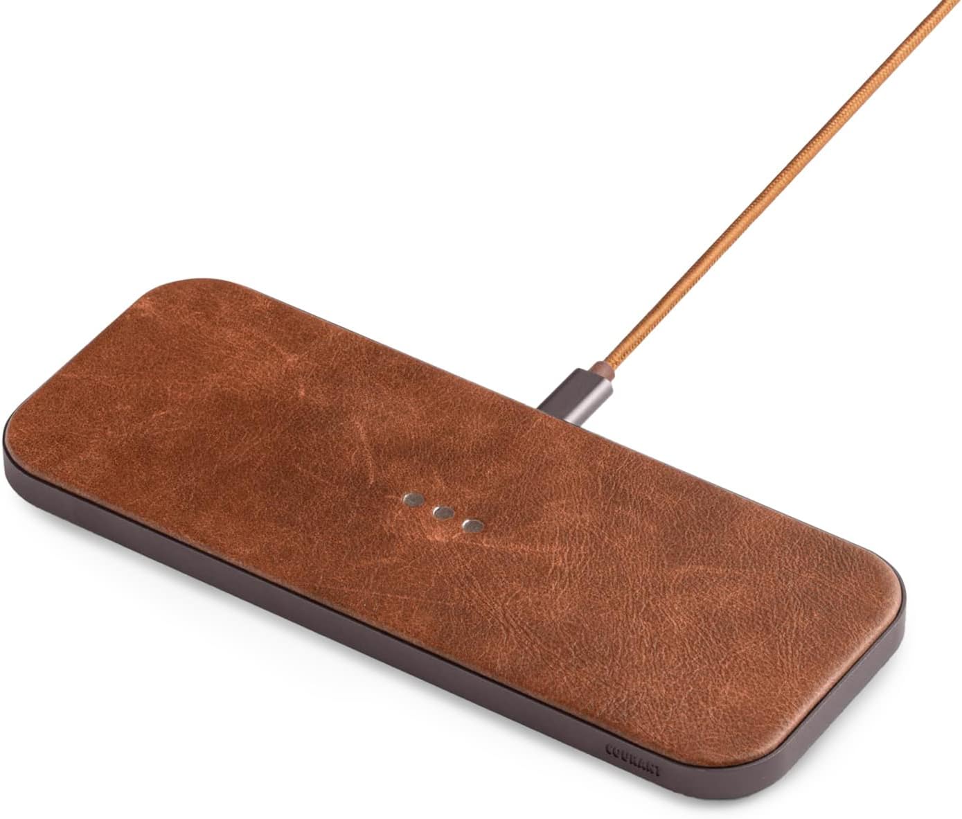 Courant Catch:2 Classics - Italian Leather Dual Wireless Charging Pad - Compatible with iPhone 11, X, SE, Galaxy S23, S22, S21, S20, Note, AirPods, AirPods Pro (Saddle)