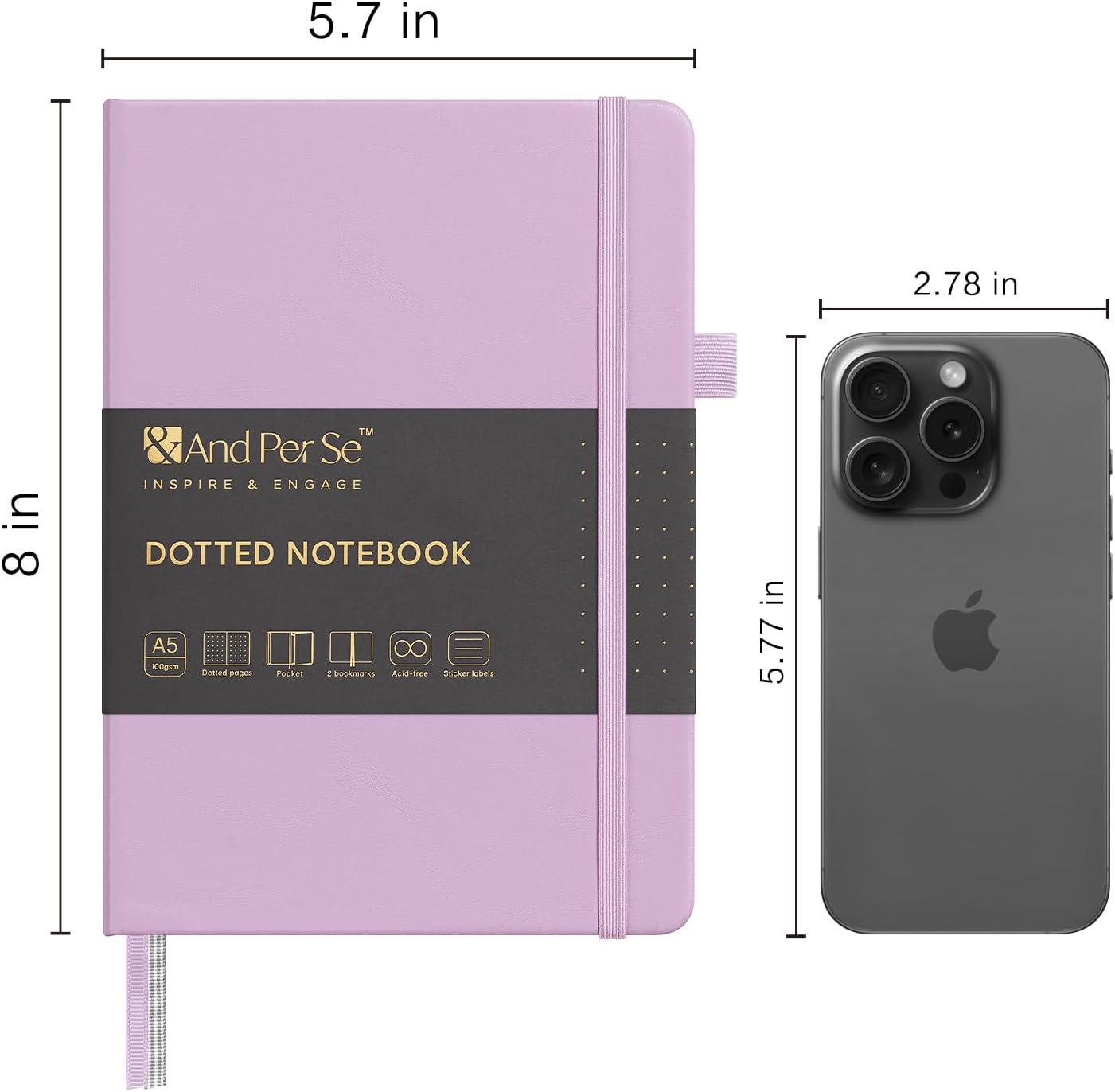 &And Per Se Dotted Journal Notebook, A5 Hardcover Leather Bullet Dotted Journal, 160 Pages 100 gsm Thick Dotted Paper，3 Sheets of Stickers Included - 5.7'' x 8'' (Light lavender)