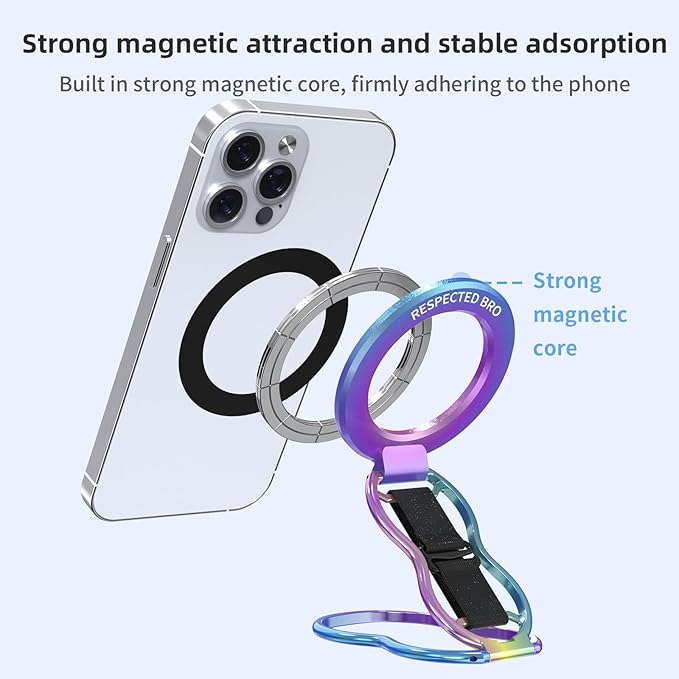 Magnetic-Phone-Grip-Stand-with-Finger-Strap, 4-in-1 Magnetic Ring Holder, Kickstand and Elastic Strap for Smartphones, Universal Fit for iPhone, Android, and Cases (Colorful)