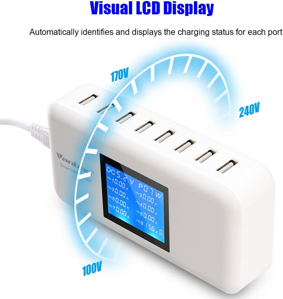 60W/12A 8-Port Desktop Charging Station Multiple USB, Multi Port Travel Fast Wall Charger Hub with LCD for Smart Phones, Tablet and More (White)