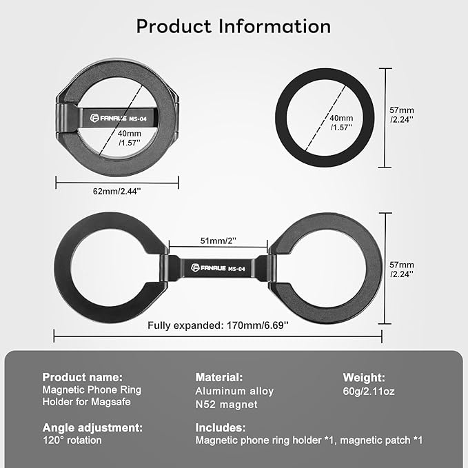 Magnetic Ring Phone Holder for iPhone 16,Double Ring Adjustable Cell Phone Stand,Magnetic Phone Holder 360° Rotation Portable Mount for iPhone 15 14 13 12 Pro Max,Mag/Safe Case,Gym,Golf Cart