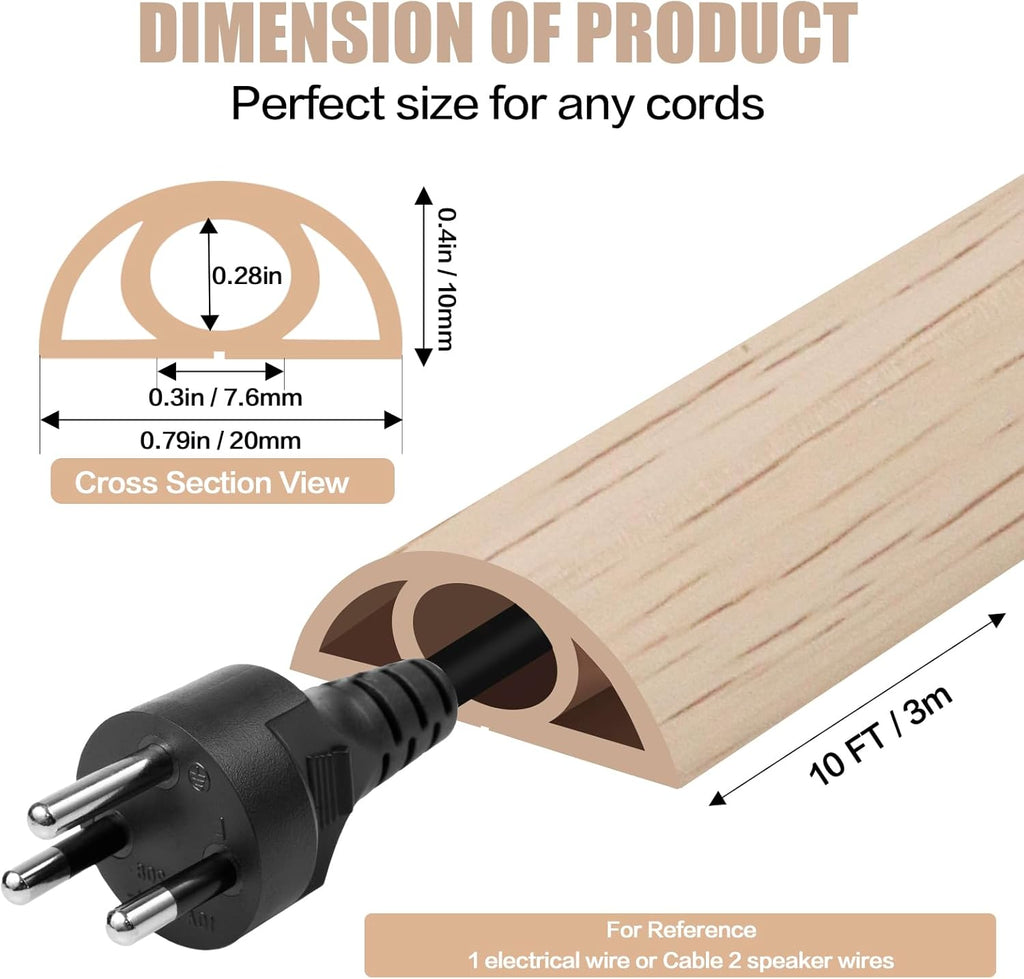 Floor Cord Cover Self Adhesive Cord Hider,10FT Cable Management, Extension Strip Protector for Wires, Prevent Cable Trips for Offices, Gyms, Exhibitions Cavity:0.3"(W) x 0.28"(H) Yellow Wood