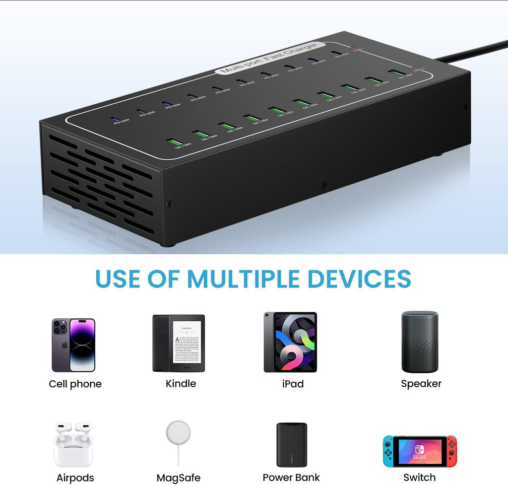 Fast USB Charging Station, 430W 20 Port (10 PD+10 QC) USB C Fast Charging Station for Multiple Devices, Power Charger Block with Intelligent Protection for iPhone iPad Cell Phone Tablet