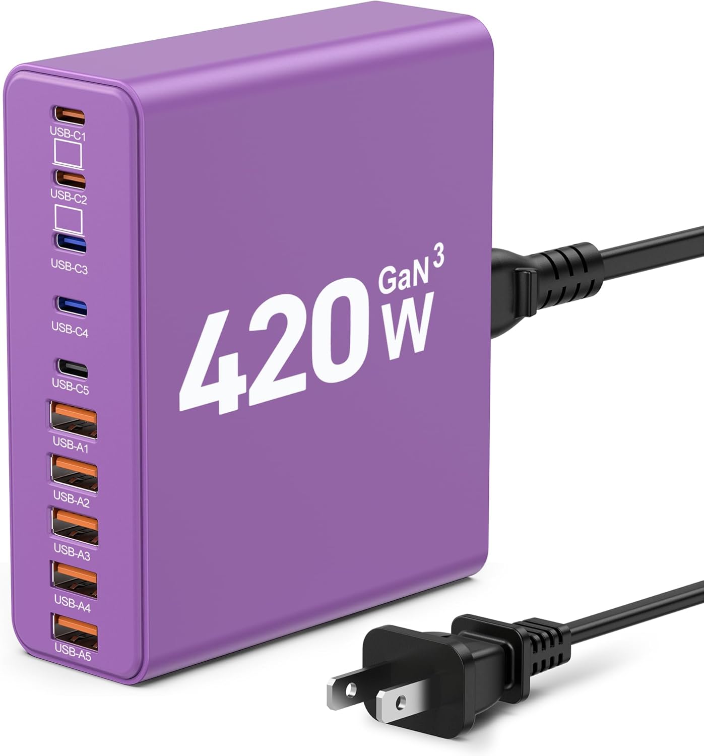 420W USB C Charger Block,10-Port Charging Station GaN Fast Charging Type C & USB A Wall Charger Adapter for MacBook Pro/Air,iPhone,iPad,Dell XPS,Samsung Galaxy(Purple)