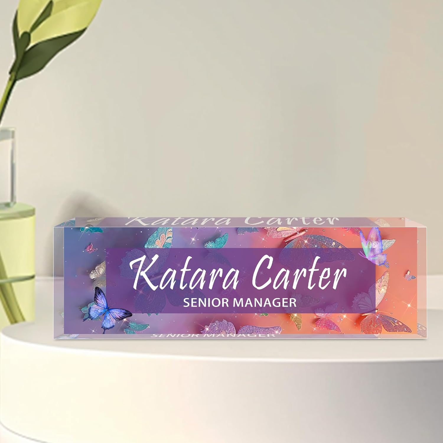 Name Plate for Desk Personalized, Acrylic Desk Decorations, Employee Appreciation Gifts, Custom Office Gifts for Coworkers, Boss, Teacher, Nurse (Orange Purple Butterfly)