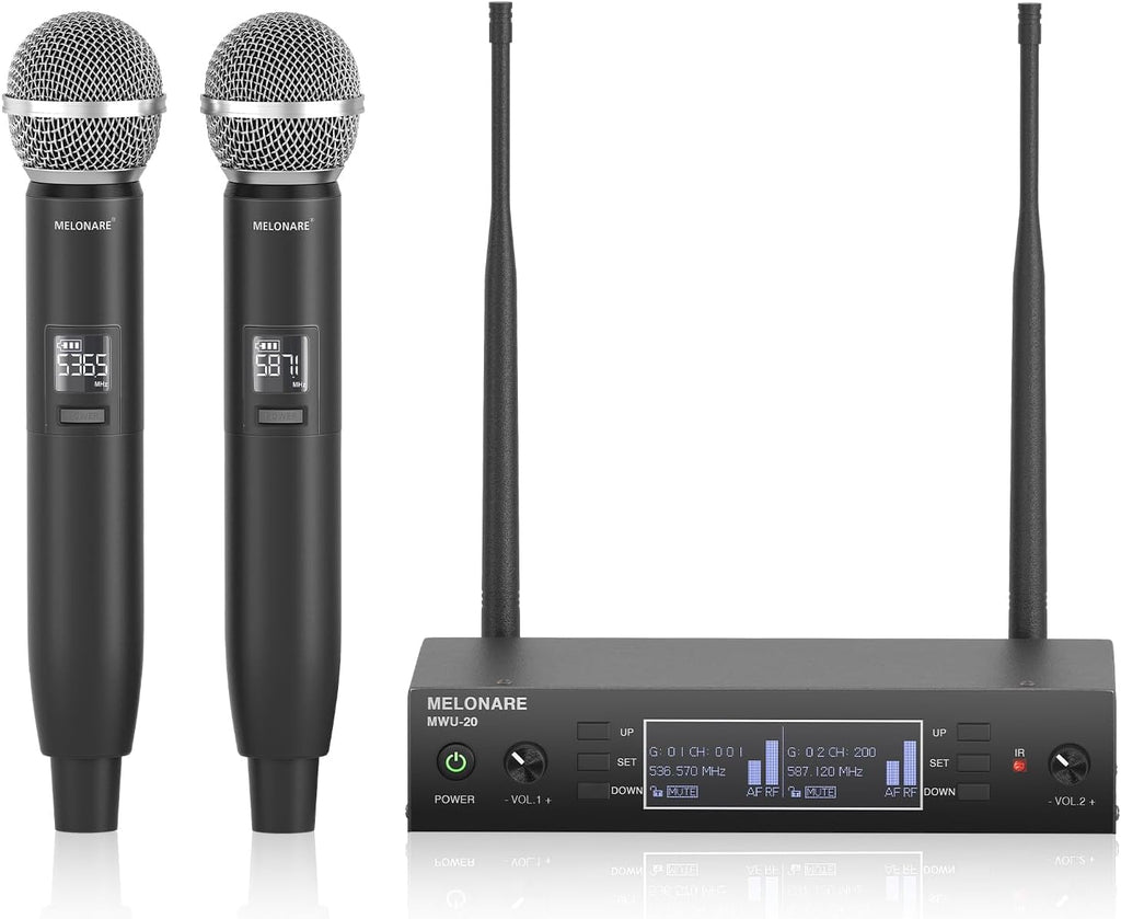 Dual Channel Wireless Microphone System, MELONARE Auto-Scan Professional Cordless Dynamic Mic Set, 260ft Range, 2x100 UHF Metal Wireless Mic for Singing, Karaoke, Church, Wedding, DJ (MWU-20-2H)