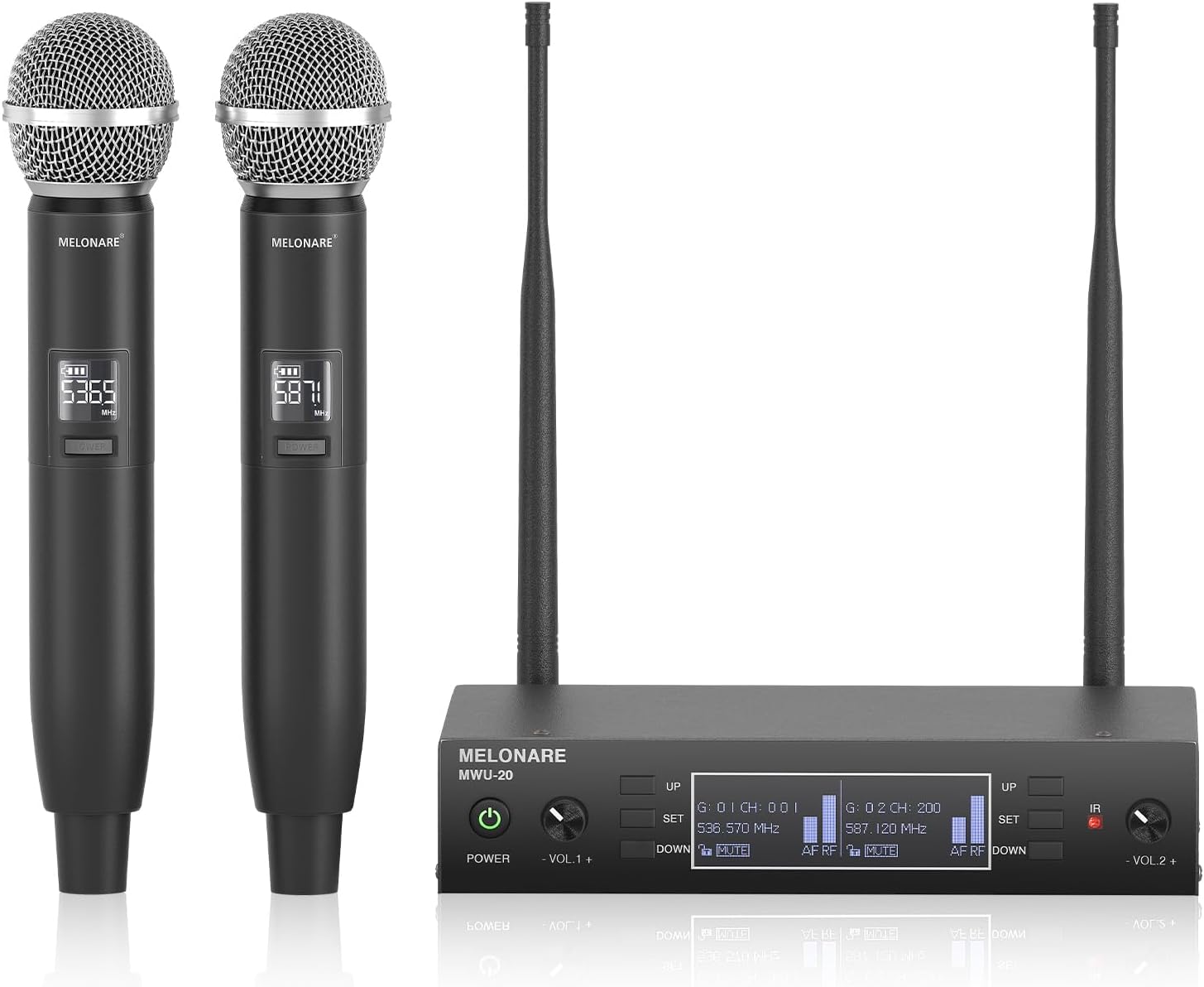 Dual Channel Wireless Microphone System, MELONARE Auto-Scan Professional Cordless Dynamic Mic Set, 260ft Range, 2x100 UHF Metal Wireless Mic for Singing, Karaoke, Church, Wedding, DJ (MWU-20-2H)