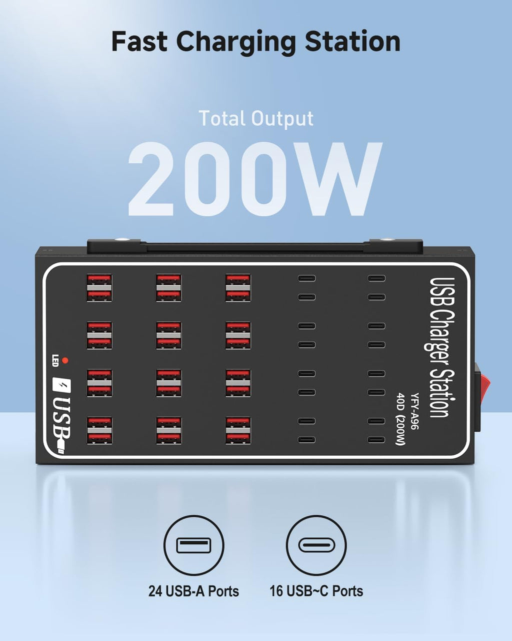 200W USB~c Charging Station, 40 Port (24 USB A & 16 USB~C Port) USB~C Charger Block, Fast Charging Station for Multiple Devices, Desktop USB Charger Compatible for iPhone, iPad, Tablets