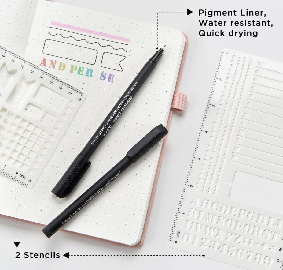 &And Per Se Bullet Dotted Journal Notebook, A5 Leather Hardcover, 176 Numbered Pages 100GSM Thick Dotted Paper, 2 Sheets of Stencils Included - 5.7'' x 8'' (Green)