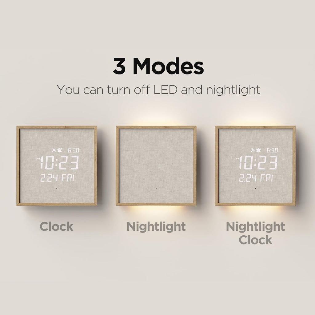 mooas Wooden Frame LED Silent Wall Clock with Remote, Backlit Nightlight, Modern Digital LED Wall Clock Display Sunrise Alarm Melody 5 Brightness for Bedroom Living Room (Wooden Frame Light Brown)