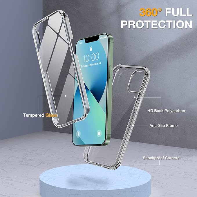 Miracase Compatible with iPhone 13 case 6.1 inch, 2023 Upgrade Full-Body Glass Clear Case Bumper Case with Built-in 9H Tempered Glass Screen Protector for iPhone 13,Clear