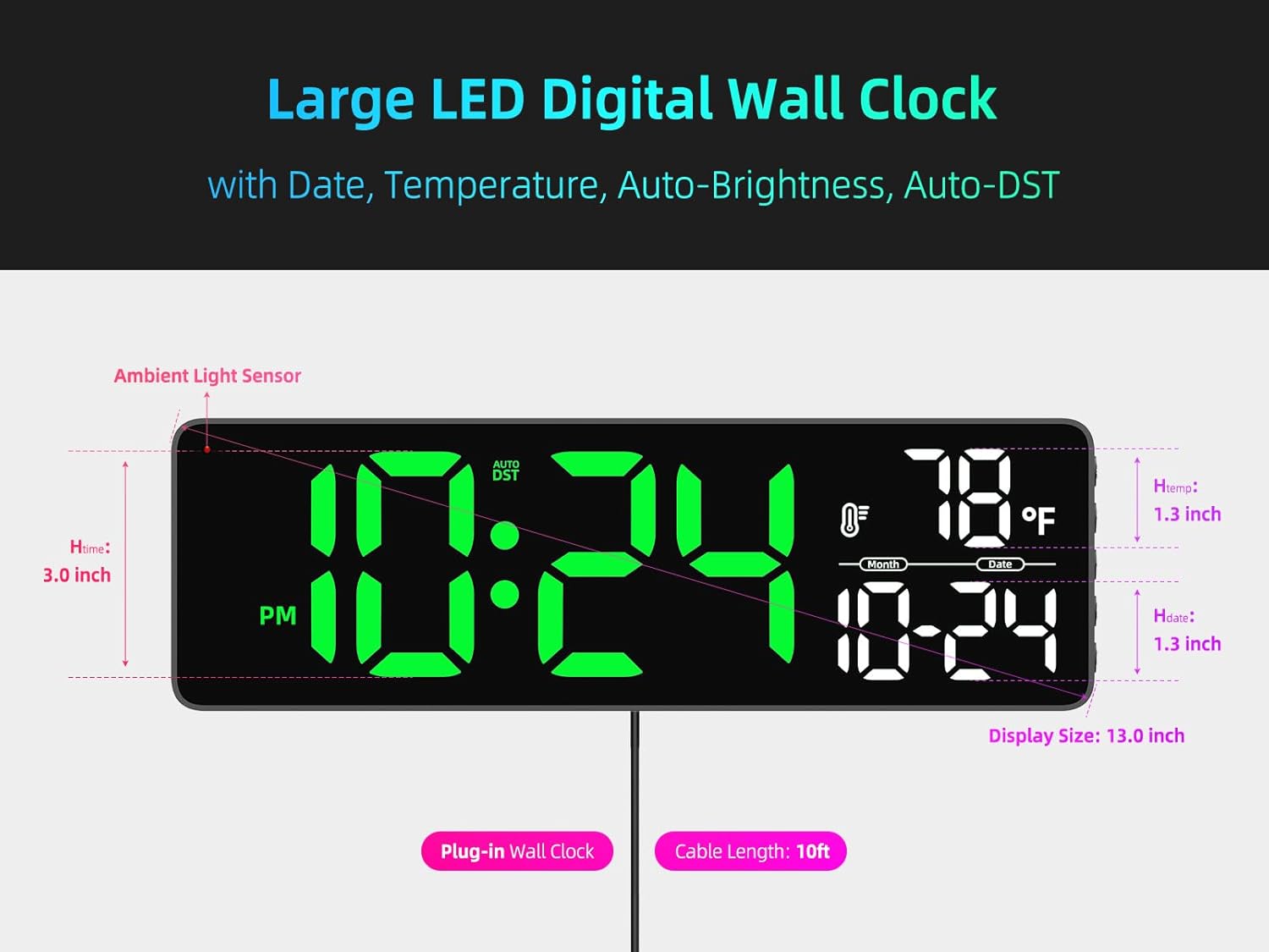 Large LED Digital Wall Clock with Date, Temperature, Auto-Brightness, Auto-DST | Big Digital Clock for Bedroom, Desk, Classroom, Living Room, Kitchen, Office, Gym, Farmhouse, Xmas Gift for Seniors