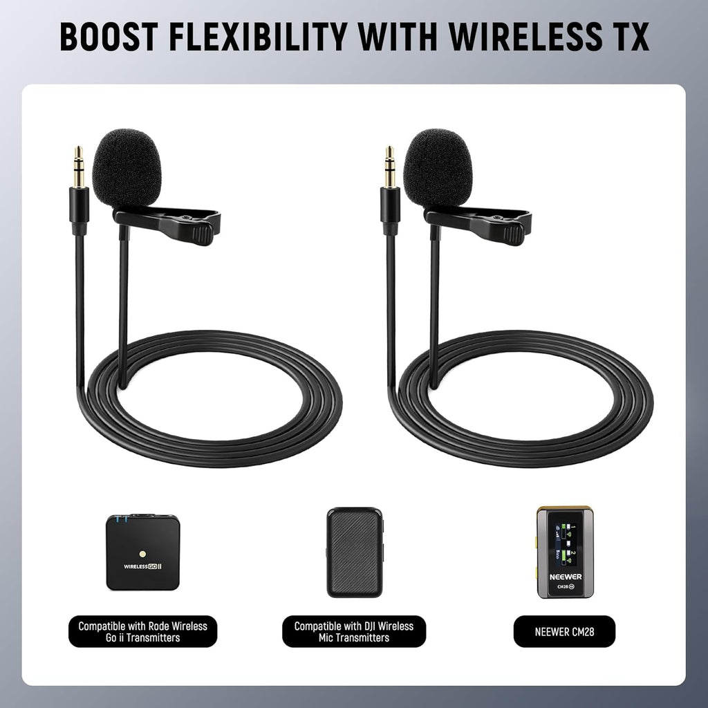 NEEWER 2 Pack Lavalier Lapel Microphone Compatible with DJI Wireless Mic Transmitters Rode Wireless GO II 2, Omnidirectional Condenser Wired Clip On Lav Mics for Stage YouTube Live Streaming, CM5