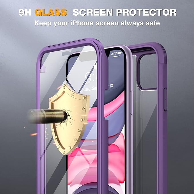 Miracase Glass Series for iPhone 11 Case 6.1 inch, Upgraded Full-Body Rugged Phone Bumper Case Cover with Built-in 9H Tempered Glass Screen Protector and Camera Protector, Purple