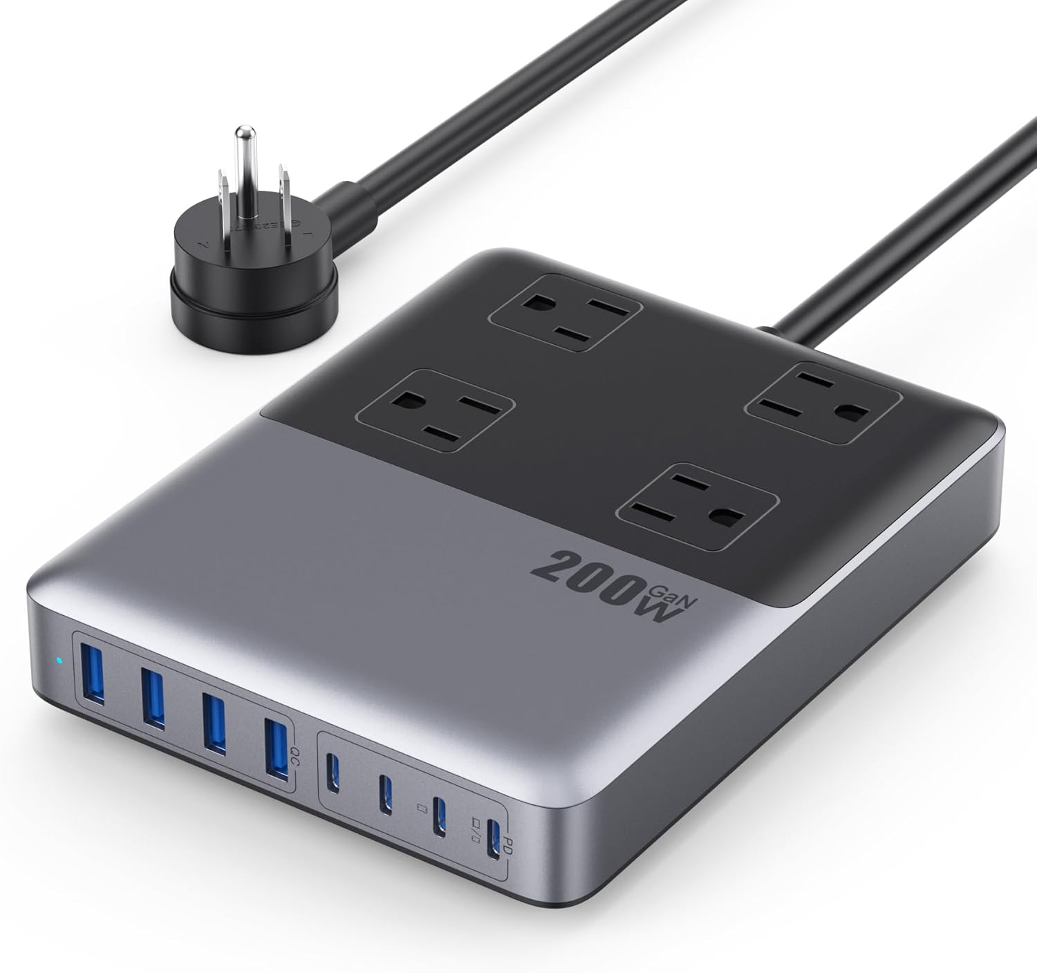12-in-1 Charging Station USB-C Power Strip with 5ft Cord and Plug, 200W GaN IV Charger Block, 4 AC Outlets, 4 USB A&C for MacBook,iPhone 16/15/14, Desktop Charger for Office, Home