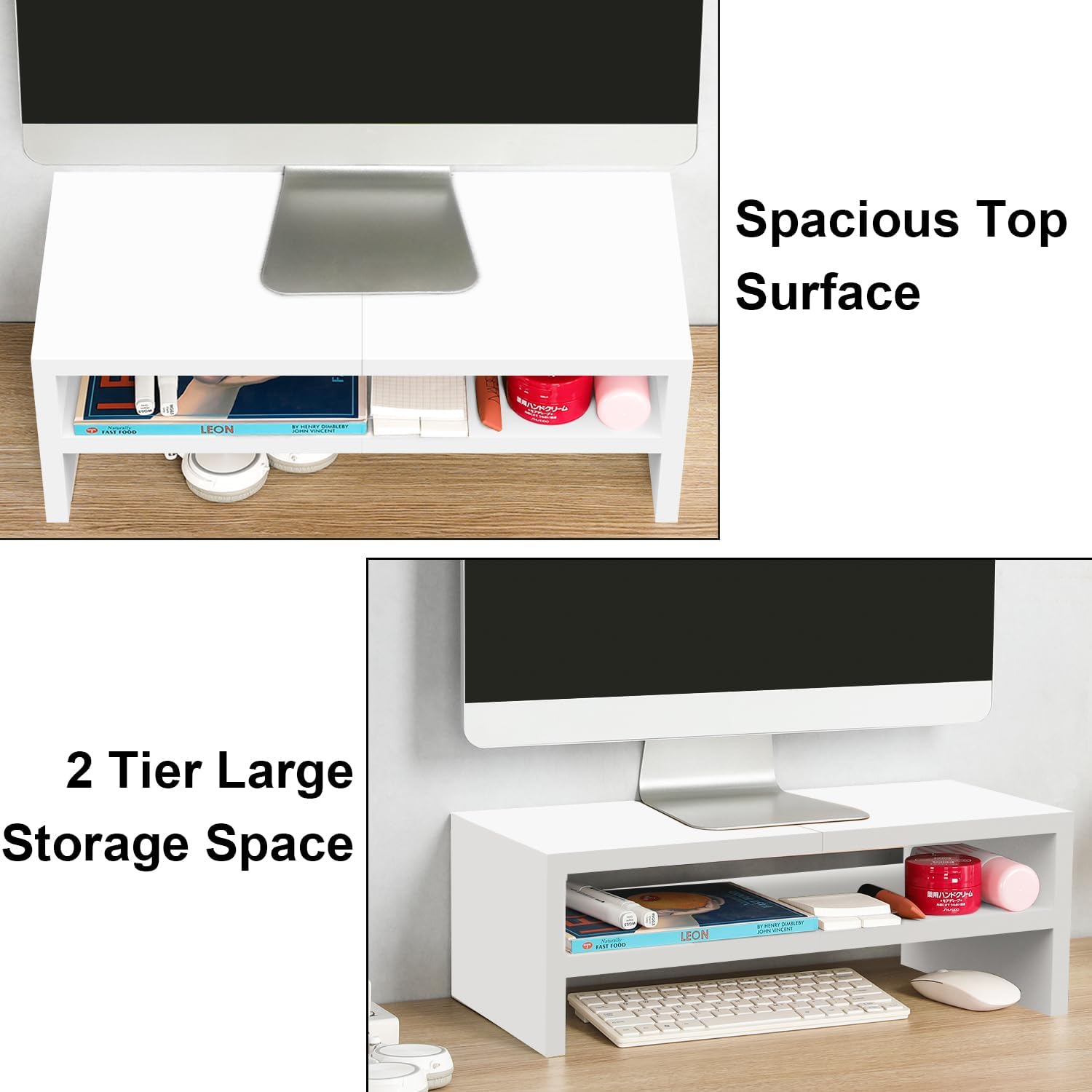 TEAMIX 2 Tier White Monitor Riser Stand, Wood Desktop Stand with storage for Laptop/PC/Printer/Keyboard, TV Stand Shelf Home Office Desk Accessories