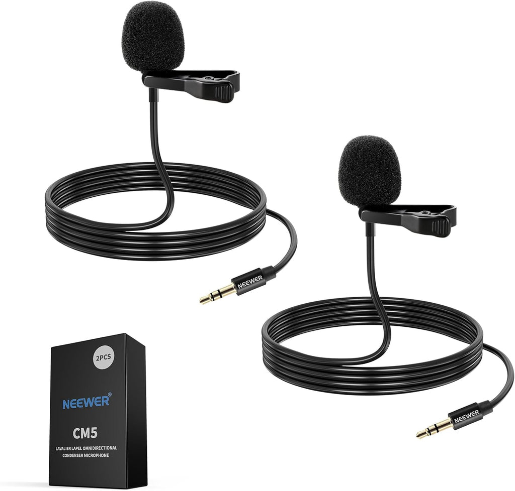 NEEWER 2 Pack Lavalier Lapel Microphone Compatible with DJI Wireless Mic Transmitters Rode Wireless GO II 2, Omnidirectional Condenser Wired Clip On Lav Mics for Stage YouTube Live Streaming, CM5