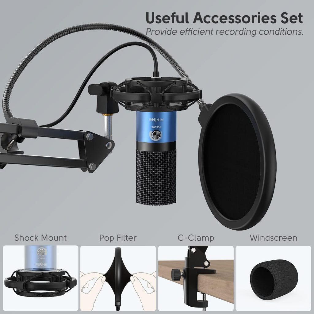 FIFINE USB Recording PC Microphone Kit, Computer Condenser Cardioid Mic on Mac Windows PS4/PS5, for Streaming, Podcasting, Gaming, Video, Home Use, with Gain Knob, Arm Stand-T669 Blue