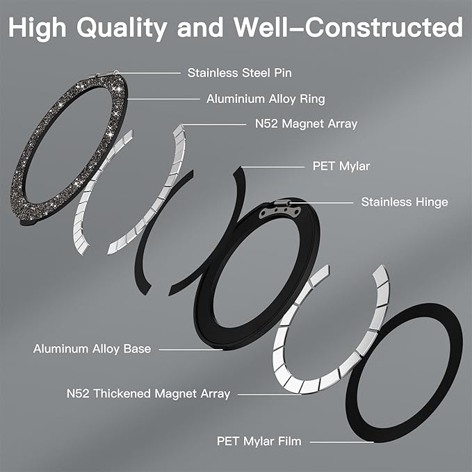 COOLQO Upgraded Magnetic Phone Ring Holder Stand, Super Magnet Cell Phone Grip Finger Kickstand Compatible with MagSafe Mag Safe Accessory for iPhone All Smartphones (1-Glitter Black)