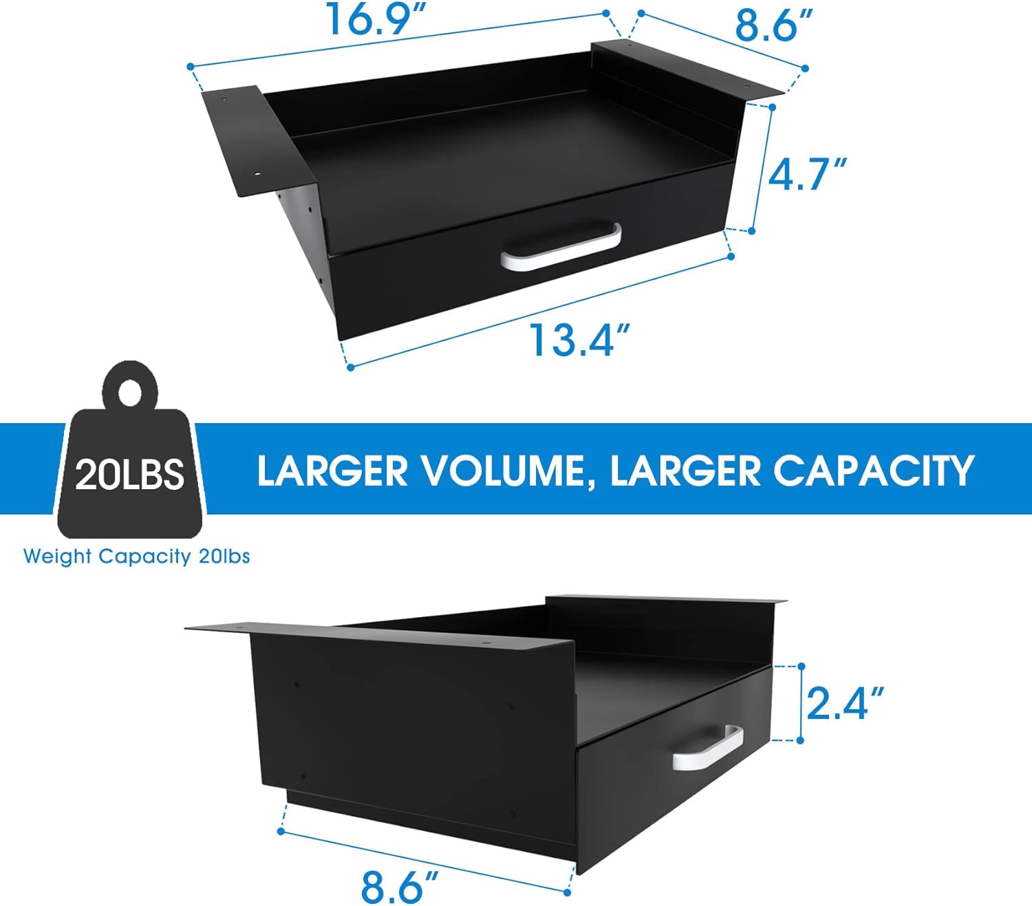 GOME Under Desk Drawer Storage with Laptop/Book/Folders Shelf, Double Layer Easy Slide-Out Undermount Drawer Organizer with Ball Sliding Track for Home Office Sit-Stand Workstation