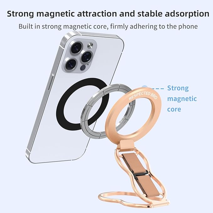 RESPECTED-BRO-Magnetic-Phone-Grip-Stand-with-Finger-Strap, 4-in-1 Magnetic Ring Holder, Kickstand and Elastic Strap for Smartphones, Universal Fit for iPhone, Android, and Cases (Rose Gold)