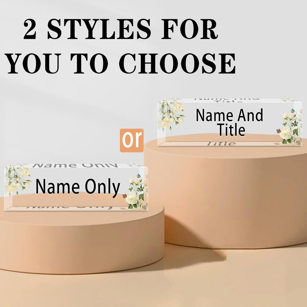Name Plate for Desk Personalized, Acrylic Desk Decorations, Employee Appreciation Gifts, Custom Office Gifts for Coworkers, Boss, Teacher, Nurse (White Flowers)