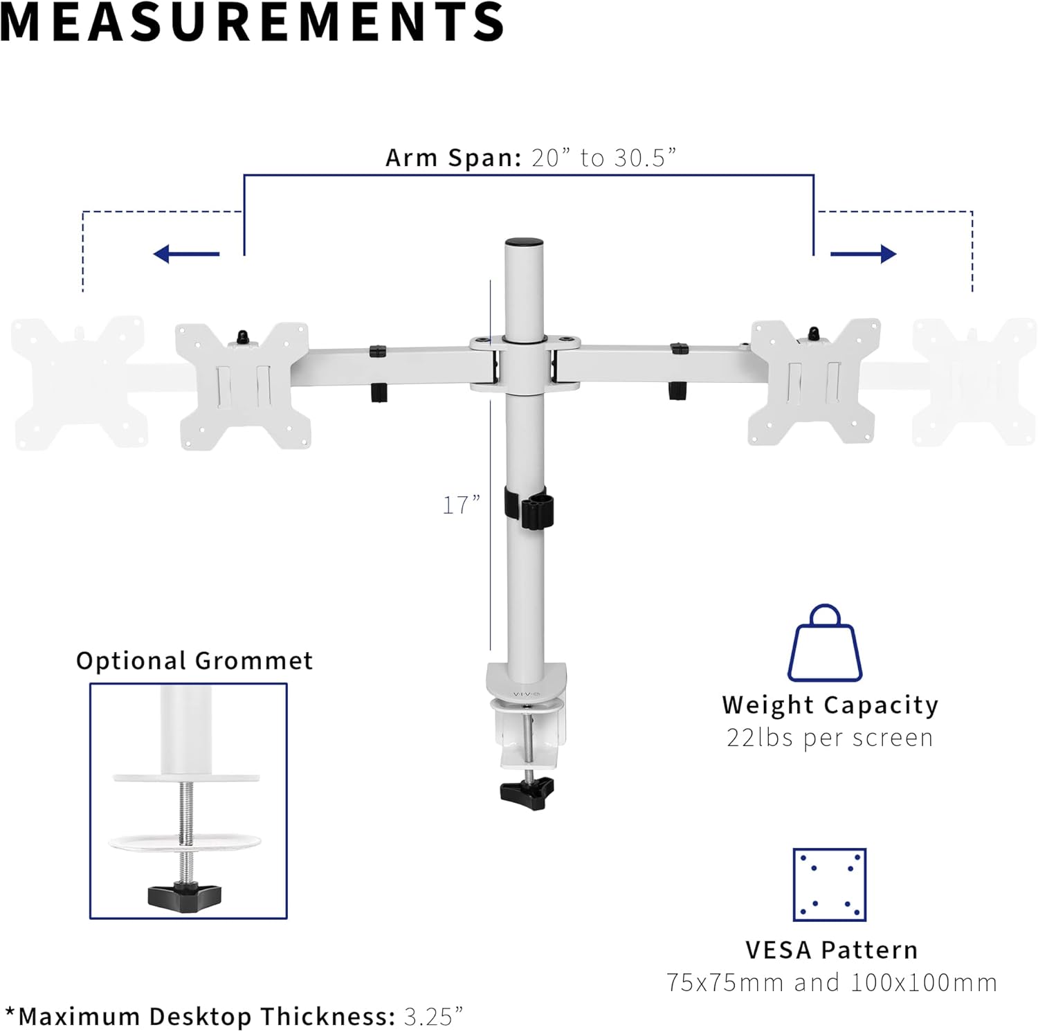 VIVO Dual LCD LED 21 to 32 inch Monitor Desk Mount, Heavy Duty, Adjustable Telescoping Arms, Flush Wall Setup, Fits 2 Screens, White, STAND-V002EW