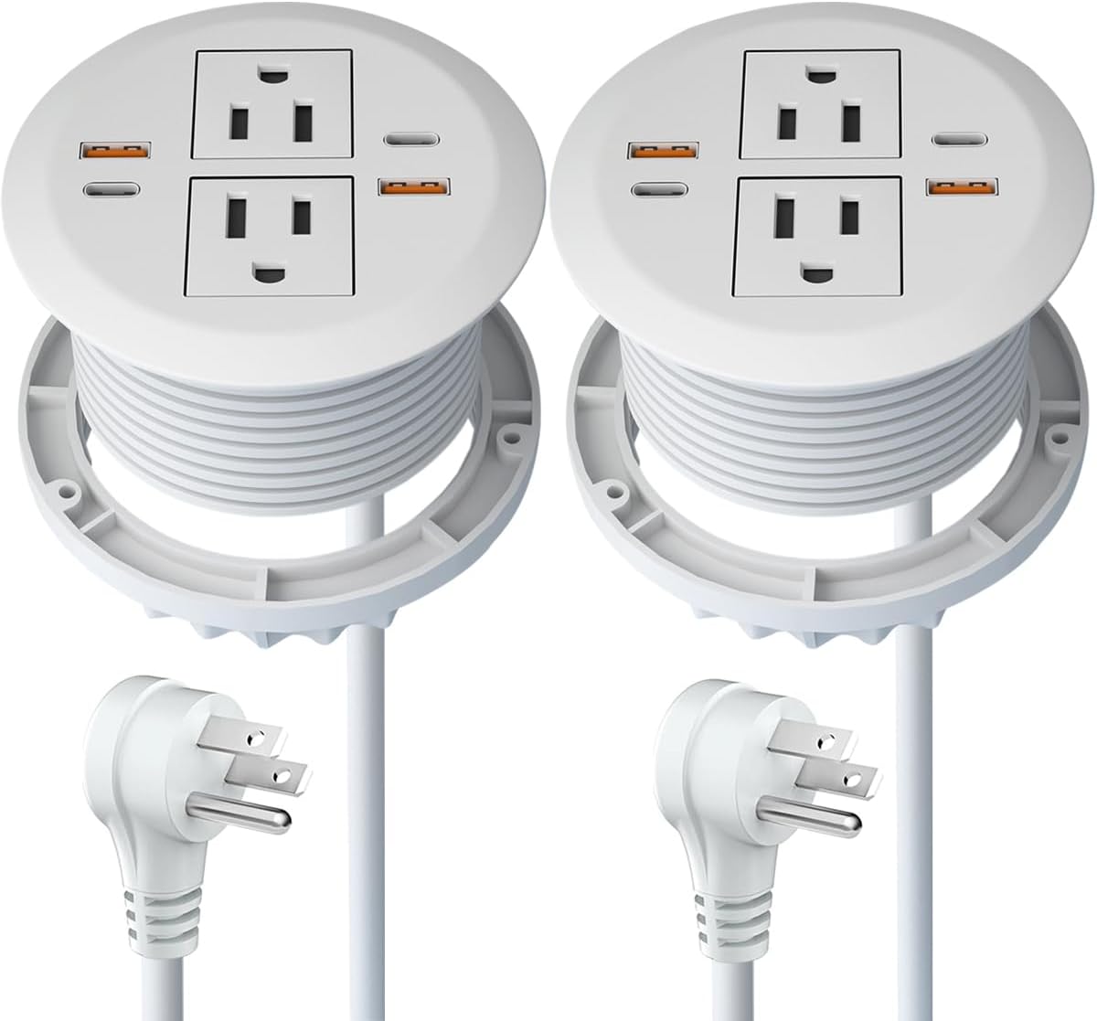 2pcs Desktop Power Grommet,Dual PD20W USB C,40W Total Output,4 USB Ports,Flush Mounted for 3-1/8" Desk Grommet Holes,Round Recessed Outlet,ETL-Certified,Flat Plug,6.4 ft,White