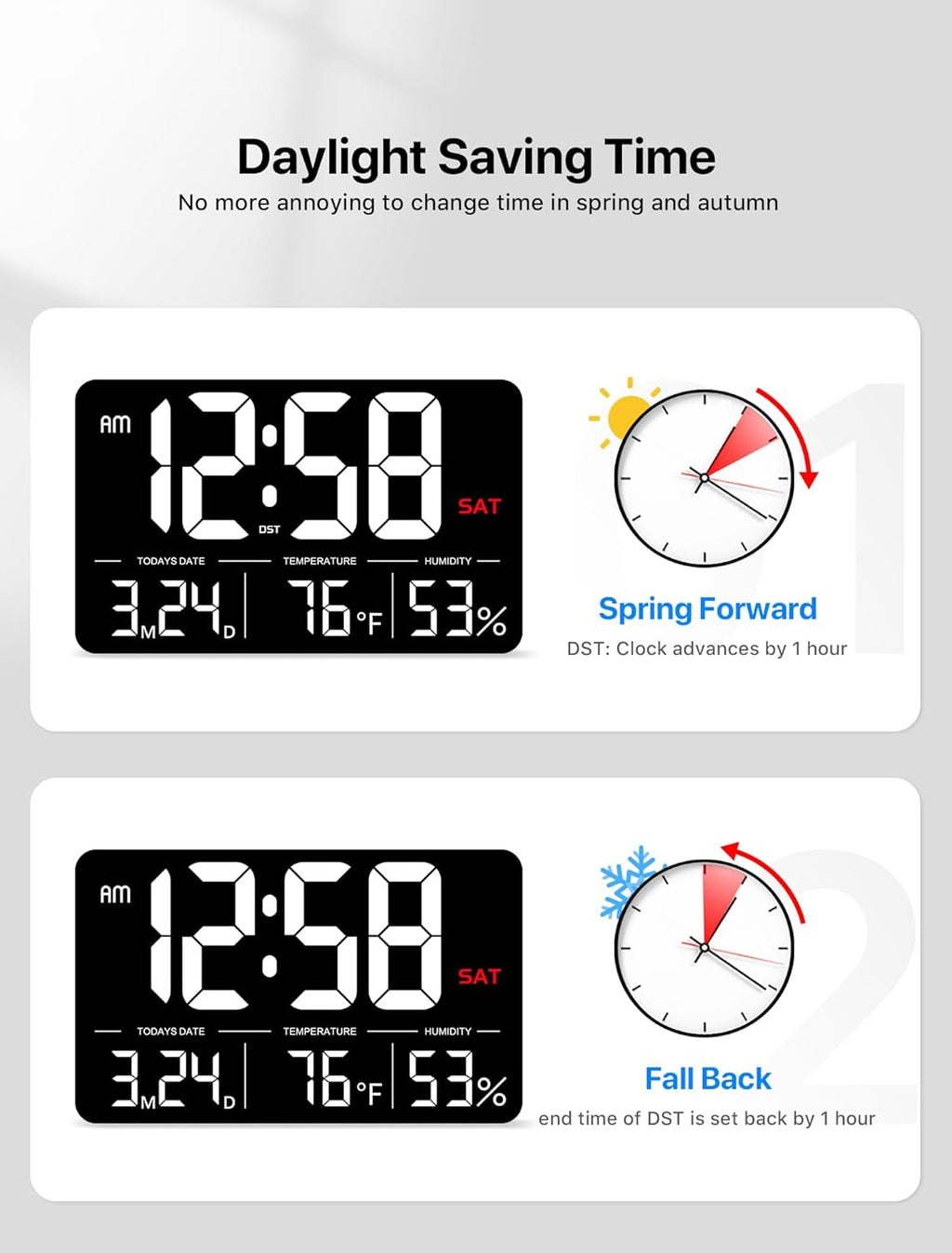 MASHI Digital Clock,13" Large Display Digital Wall Clock, Adjustable Brightness Calendar Clock with Day and Date,DST,Alarms,Humidity, Temperature for Desk, Wall Mounted, Gift for Elderly