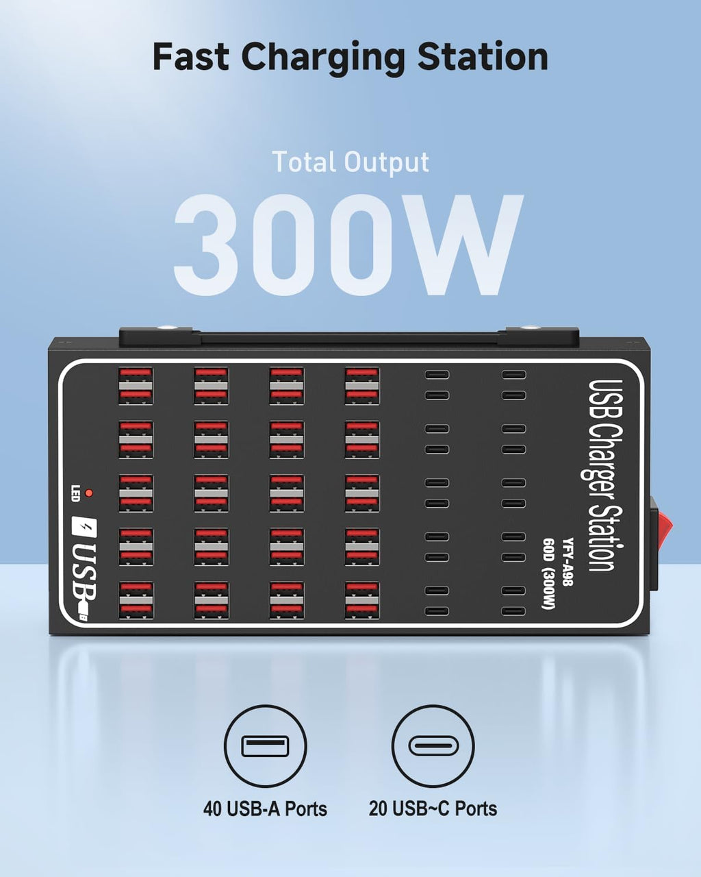 300W USB~c Charging Station, 60 Port (40 USB A & 20 USB~C Port) USB~C Charger Block, Fast Charging Station for Multiple Devices, Desktop USB Charger Compatible for iPhone, iPad, Tablets