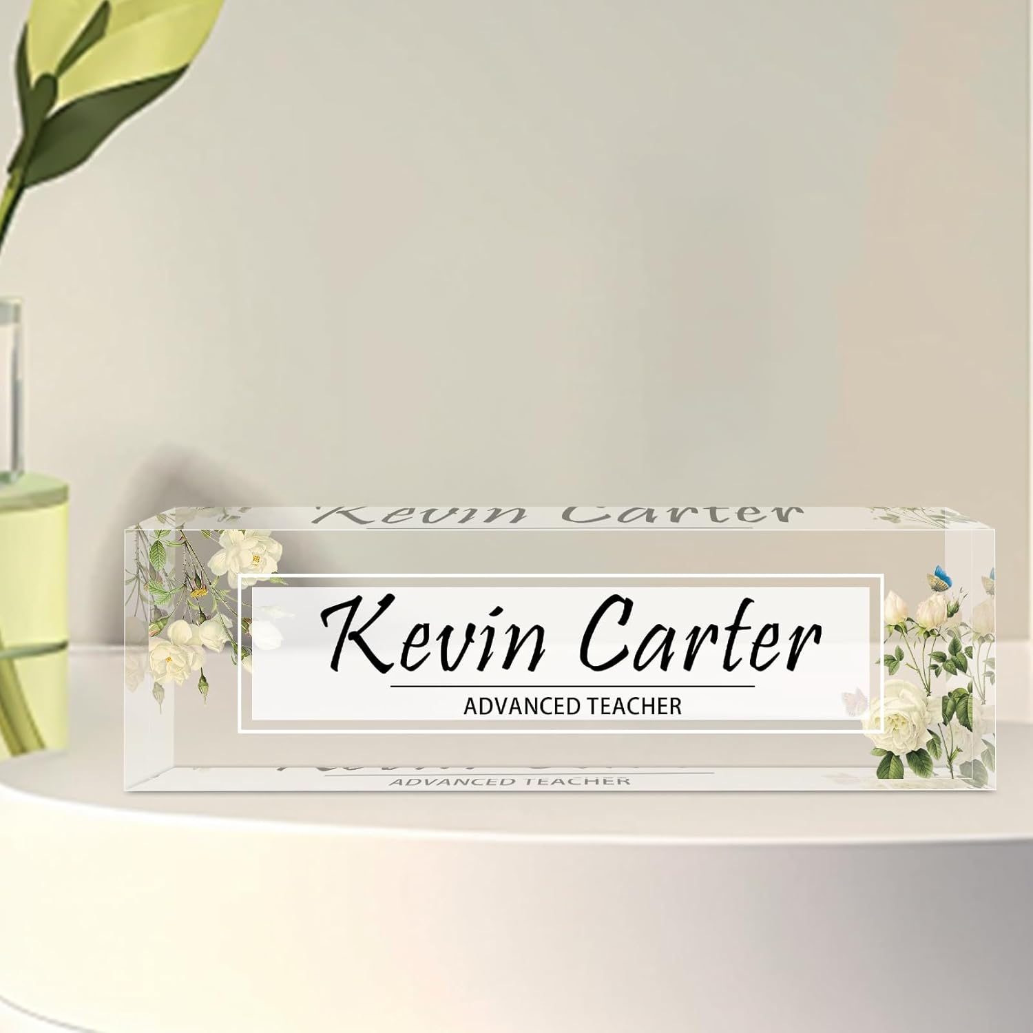 Name Plate for Desk Personalized, Acrylic Desk Decorations, Employee Appreciation Gifts, Custom Office Gifts for Coworkers, Boss, Teacher, Nurse (White Flowers)