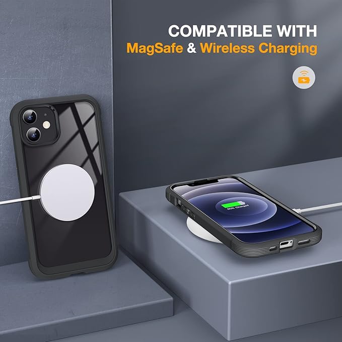 Miracase Glass Series for iPhone 12/12 Pro Case 6.1 inch, Upgraded Full-Body Rugged Phone Bumper Case Cover with Built-in 9H Tempered Glass Screen Protector and Camera Protector, Black