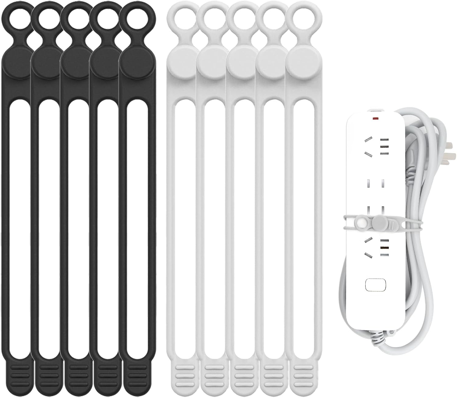 Silicone Cable Straps, 10pcs Extra-Long Reusable Hanging Organizer for Cables, Kitchen, Home, School (Black & White)