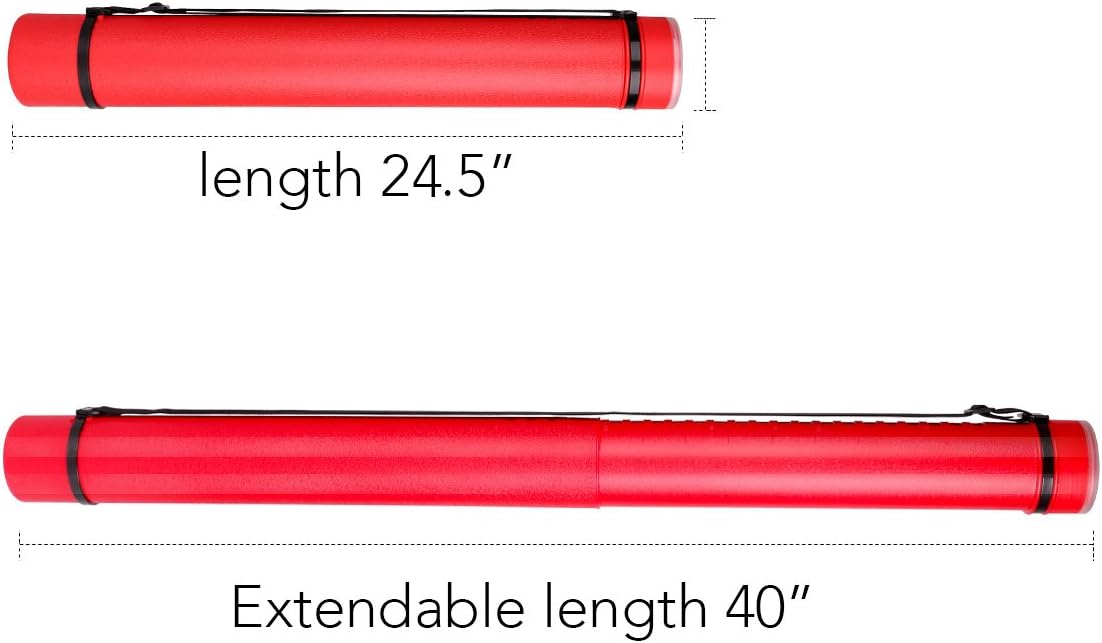TRANSON Durable Poster Storage Tube with Straps 24"-40" Extendable for Blueprints, Artwork, Maps, Posters Color Red