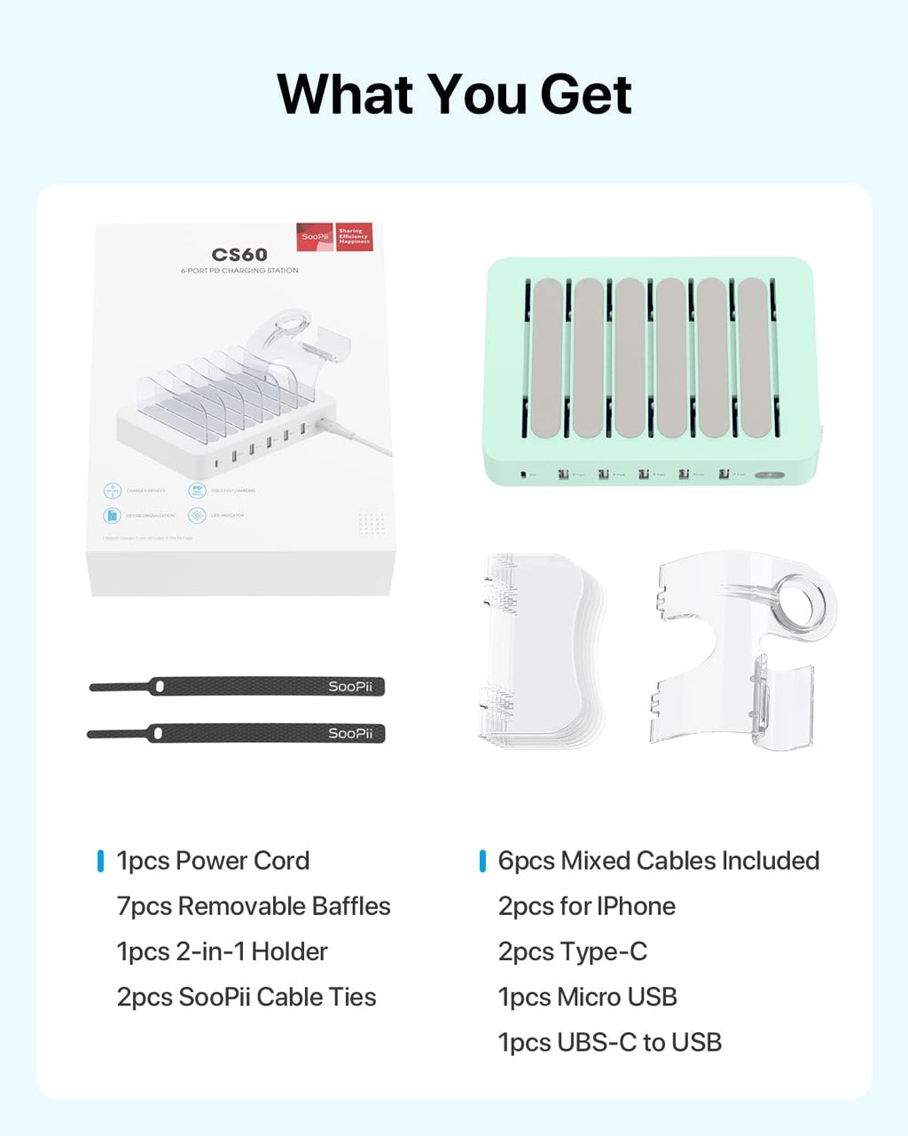 SooPii 60W/12A 6-Port Charging Station for Multiple Devices, PD 20W USB C Fast Charging for lPhone 14/13/12,6 Short Cables Included, 2 in 1 Holder,for Phones,Tablets and Others
