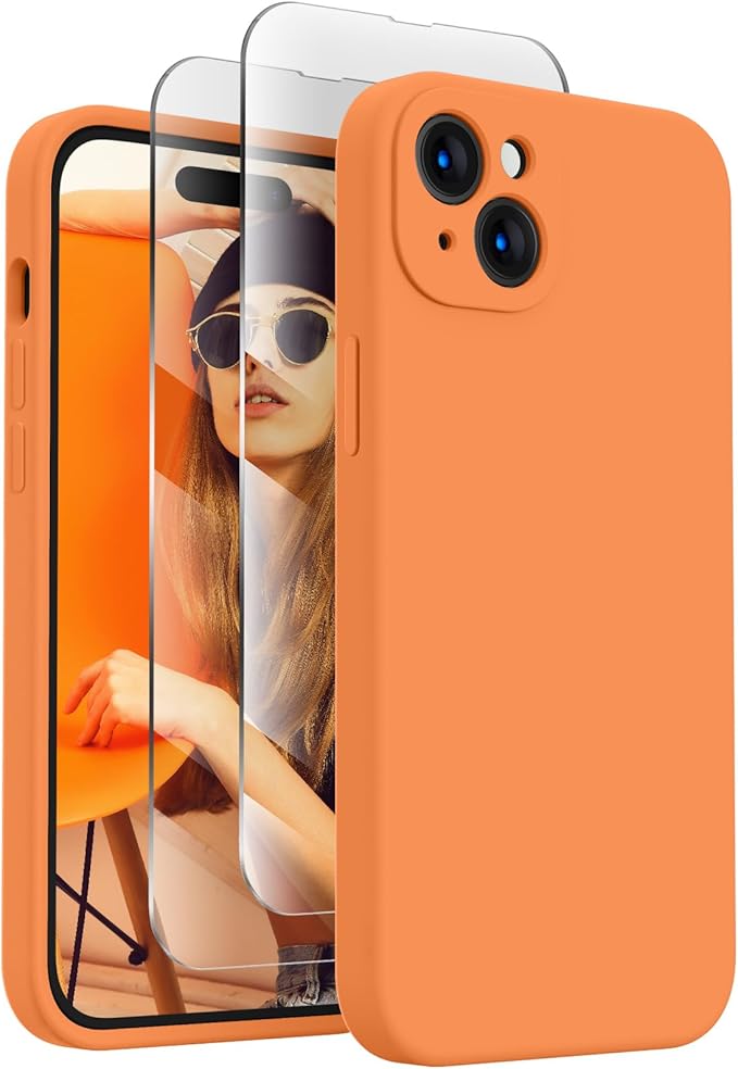 FireNova Designed for iPhone 15 Case, Silicone Upgraded [Camera Protection] Phone Case with [2 Screen Protectors], Soft Anti-Scratch Microfiber Lining Inside, 6.1 inch, Kumquat