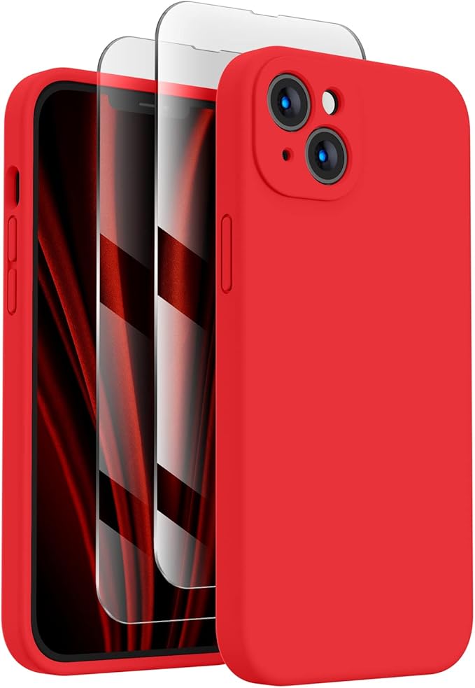 FireNova Designed for iPhone 14 Case, Silicone Upgraded [Camera Protection] Phone Case with [2 Screen Protectors], Soft Anti-Scratch Microfiber Lining Inside, 6.1 inch, Red