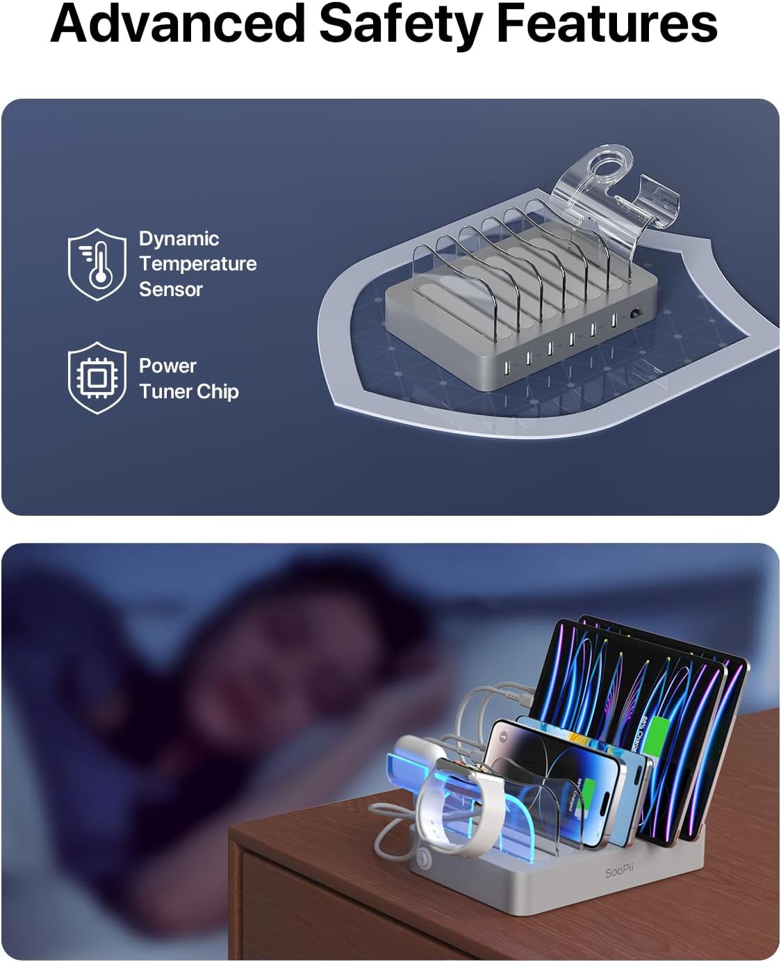 SooPii Premium 6-Port USB Charging Station Organizer for Multiple Devices, 6 Short Charging Cables and One Upgraded i-Watch Charger Holder Included, for Phones,Tablets and Other Electronics, Silver