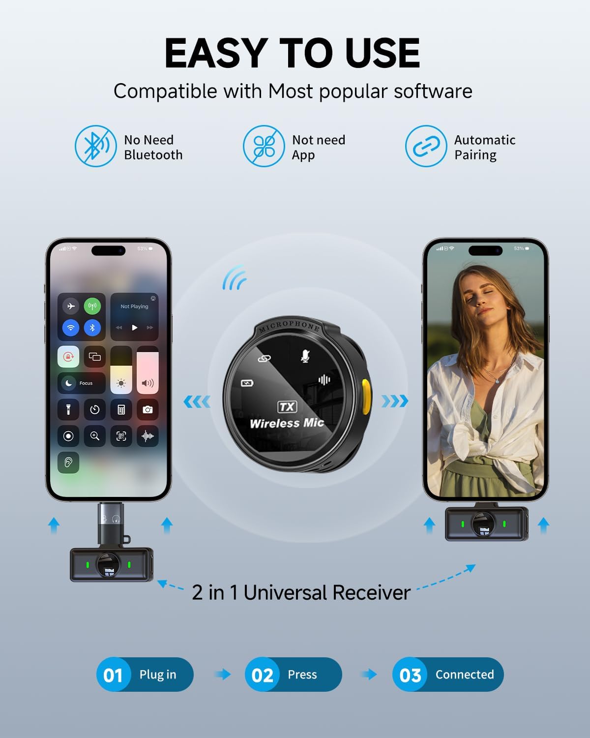 2 Pcs Professional Wireless Lavalier Microphone for iPhone iPad Android with Adapter Included Noise Reduction Plug-Play Clip on Lapel Mic for YouTube, Recording, Vlogging, Live Streaming