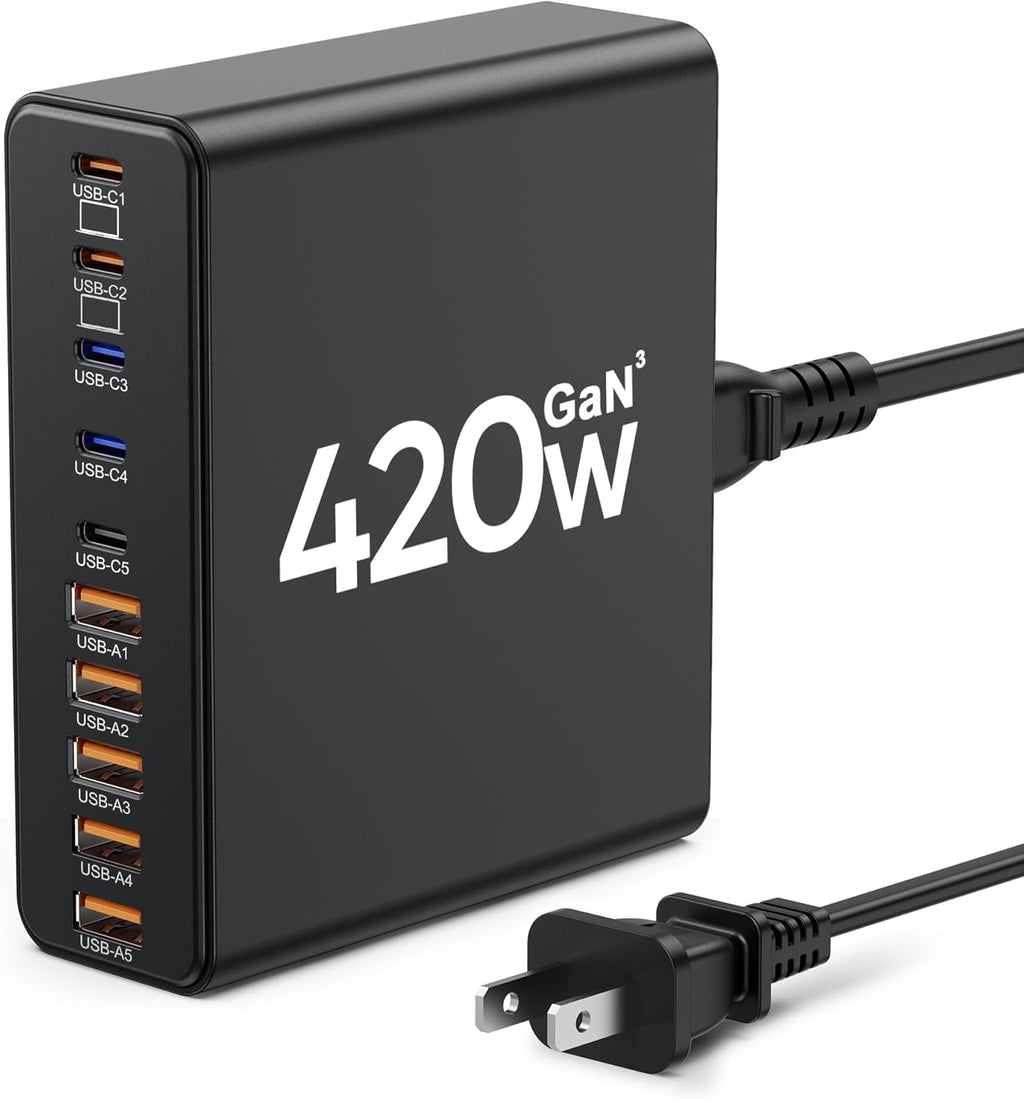 420W USB C Charger Block,10-Port Charging Station GaN Fast Charging Type C & USB A Wall Charger Adapter for MacBook Pro/Air,iPhone,iPad,Dell XPS,Samsung Galaxy(Black)