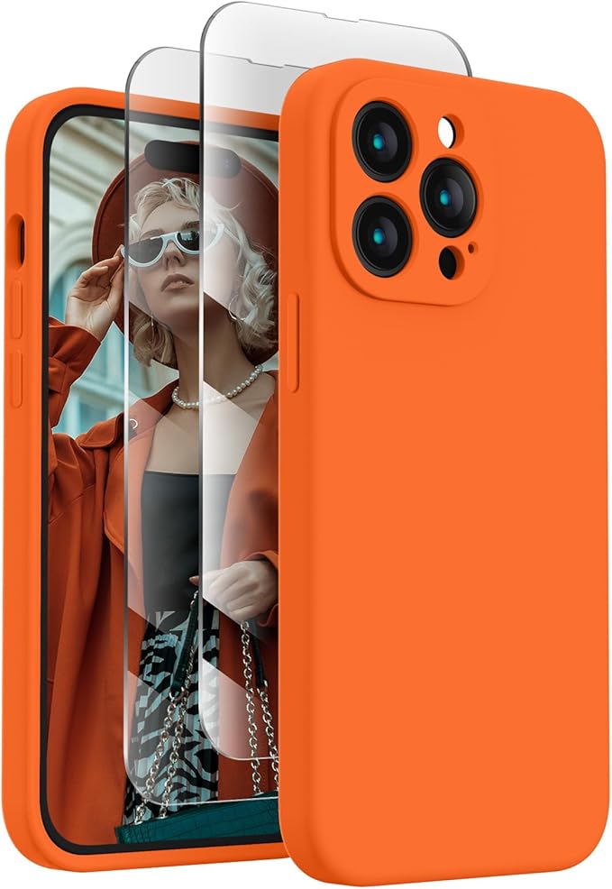FireNova for iPhone 14 Pro Case, Silicone Upgraded [Camera Protection] Phone Case with [2 Screen Protectors], Soft Anti-Scratch Microfiber Lining Inside, 6.1 inch, Neon Orange