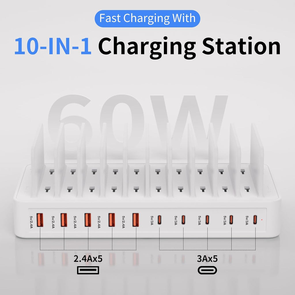 60W Charging Station for Multiple Devices, 10-Port USB Fast Charging Station with Adjustable Dividers - Device Organizer Charging Dock for iPhone, Android, iPad, Tablets & More