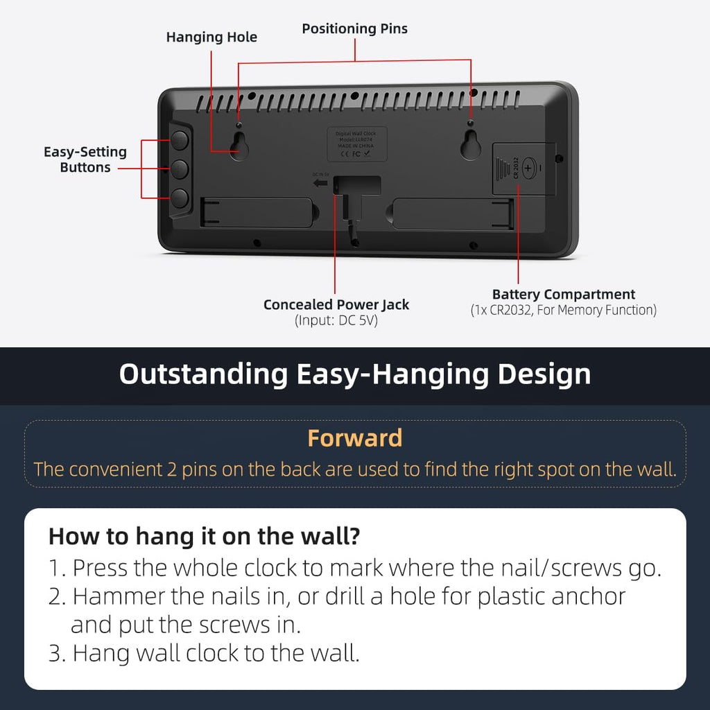 LED Digital Wall Clock with Large Display, Big Digits, Auto-Brightness, 12/24Hr Format, Modern Electric Small Silent Wall Clock for Living Room, Bedroom, Classroom, Farmhouse, Kitchen, Office - Green