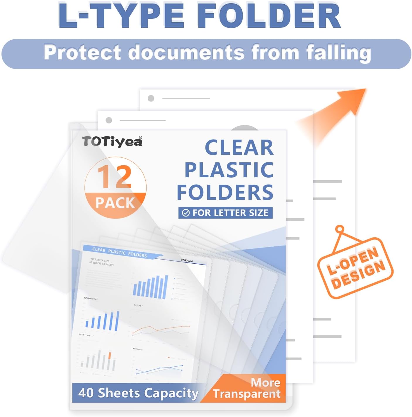 TOTiyea 12 Pack Clear Folder, Plastic L-Type Folders, Clear Copy Safe Project Pocket, Fits Letter Size 8.5x11 Paper, Transparent