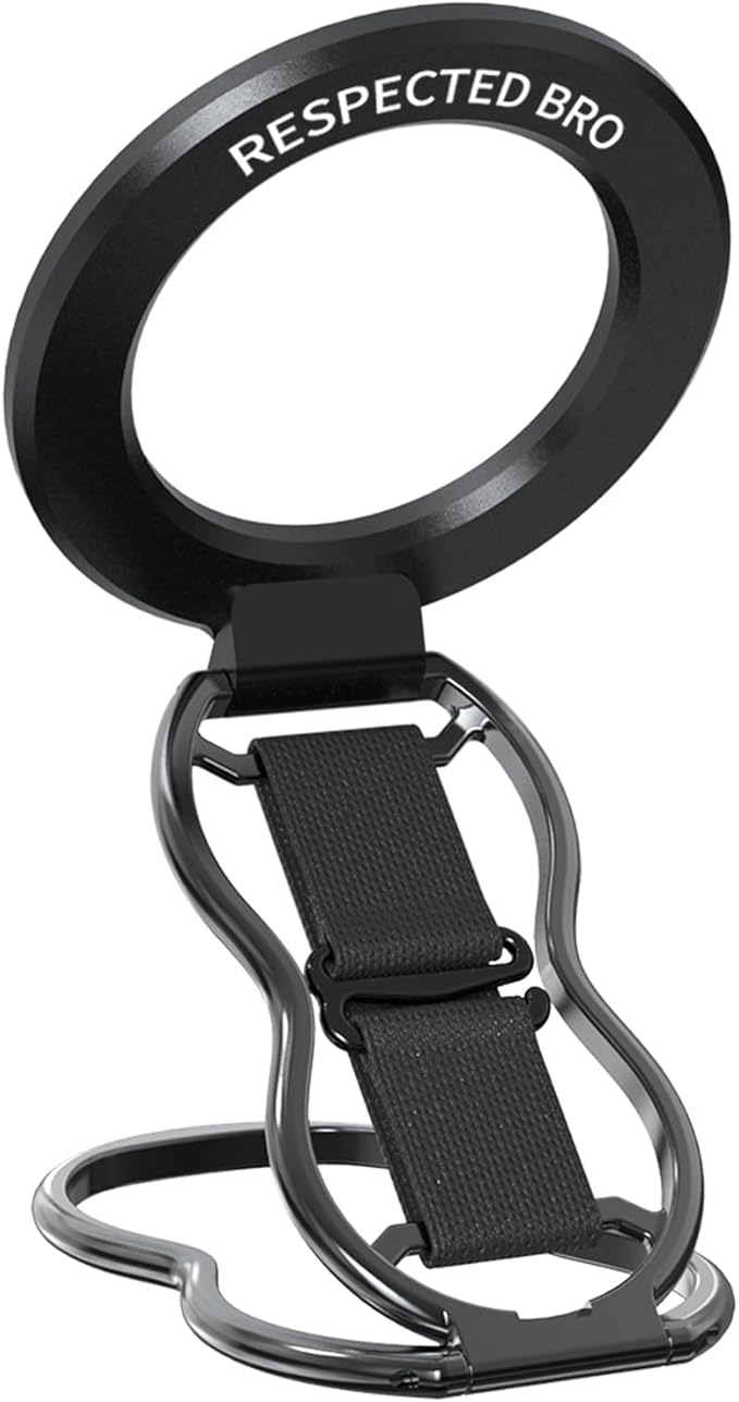 RESPECTED-BRO-Magnetic-Phone-Grip-Stand-with-Finger-Strap, 4-in-1 Magnetic Ring Holder, Kickstand and Elastic Strap for Smartphones, Universal Fit for iPhone, Android, and Cases (Black)