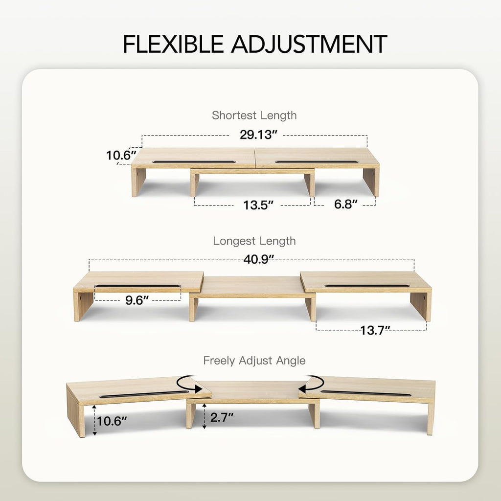 AMERIERGO Dual Monitor Stand Riser- 3 Shelf Screen Stand with Adjustable Length and Angle, 2 Extra Functional Slot Desktop Organizer Stand for PC, Computer, Laptop (Light Wood)