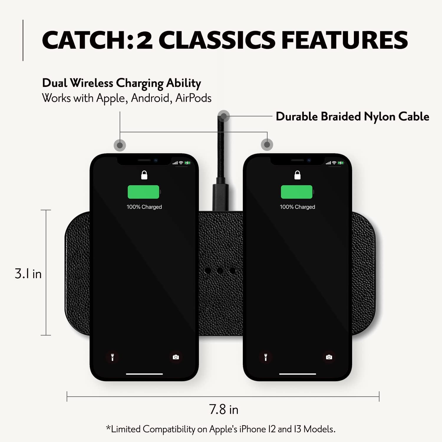 Courant Catch:2 Classics - Italian Leather Dual Wireless Charging Pad - Compatible with iPhone 11, X, SE, Galaxy S23, S22, S21, S20, Note, AirPods, AirPods Pro (Black)