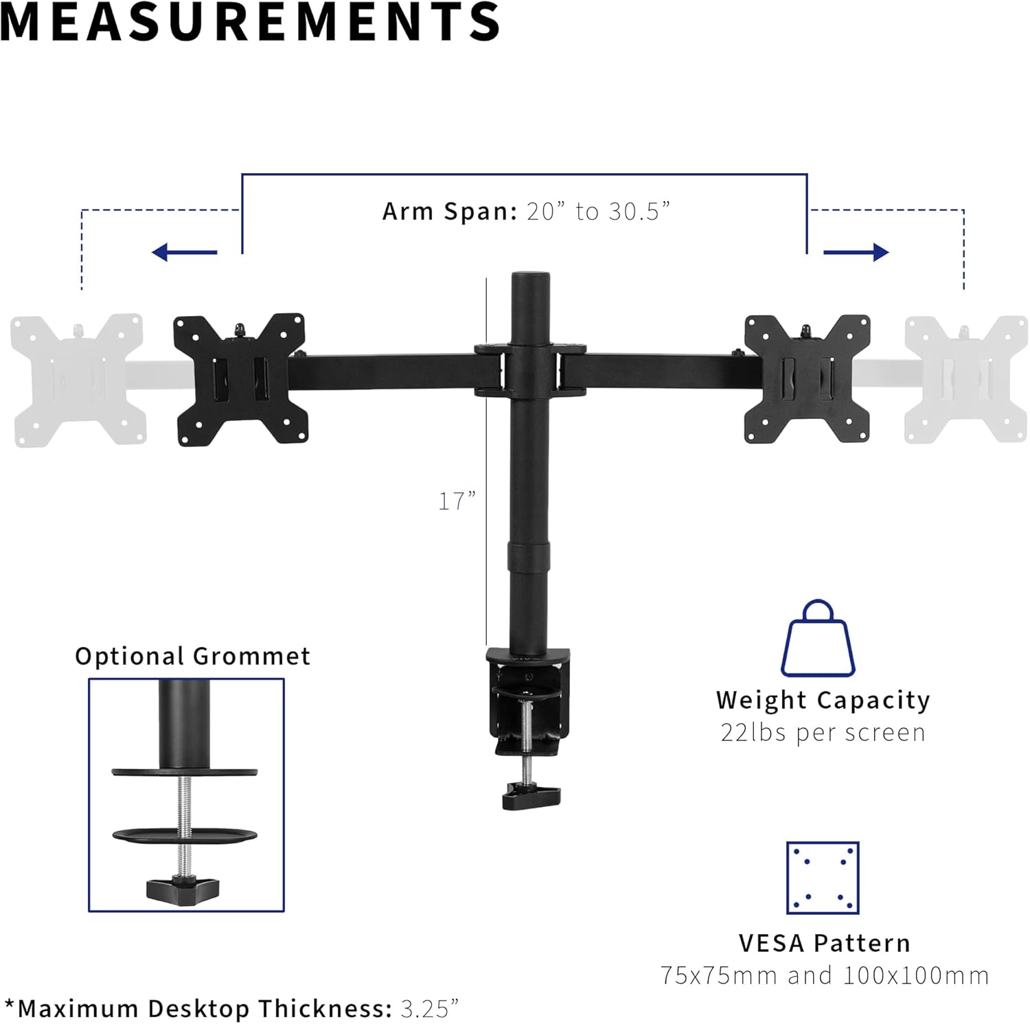 VIVO Dual LCD LED 21 to 32 inch Monitor Desk Mount, Heavy Duty, Adjustable Telescoping Arms, Flush Wall Setup, Fits 2 Screens, Black, STAND-V002E