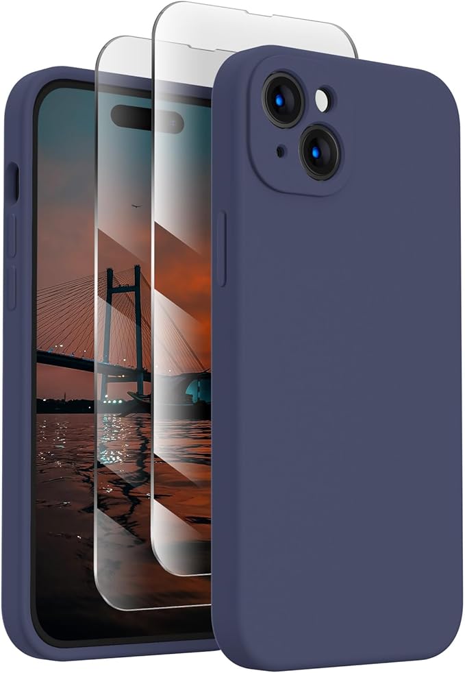FireNova Designed for iPhone 15 Plus Case, Silicone [Camera Protection] Case with [2 Screen Protectors], Soft Anti-Scratch Microfiber Lining Inside, 6.7 inch, Navy Blue